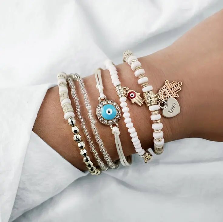 Boho Armband-Set mit Nazar-Auge, Hamsa und Perlen
