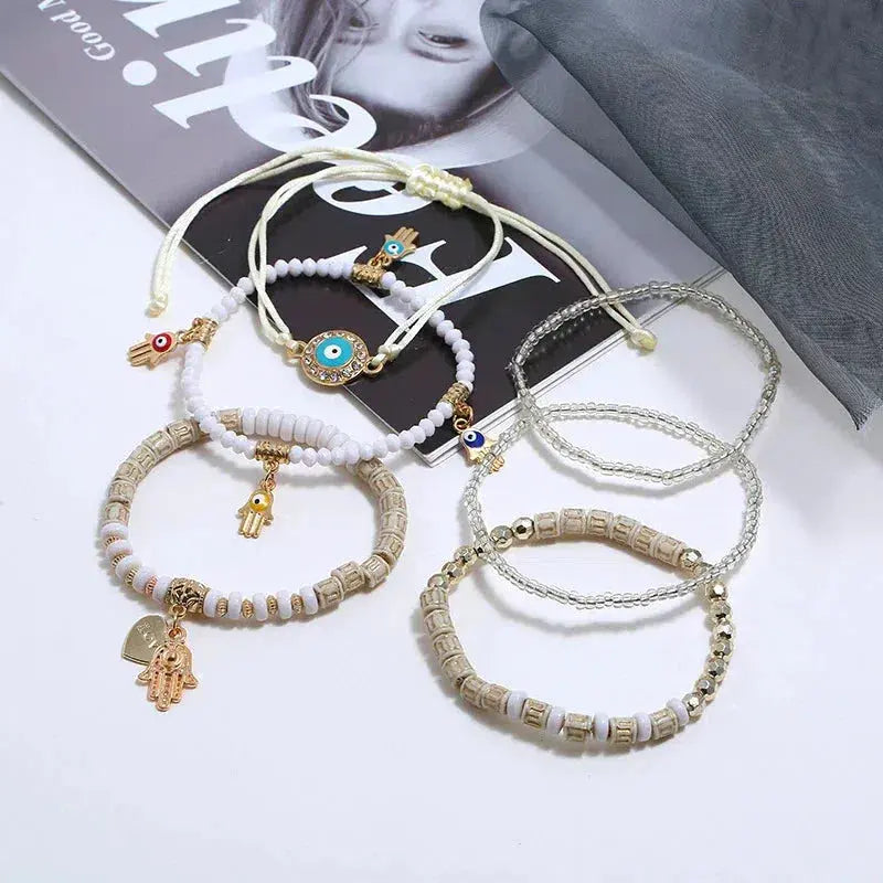Boho Armband-Set mit Nazar-Auge, Hamsa und Perlen