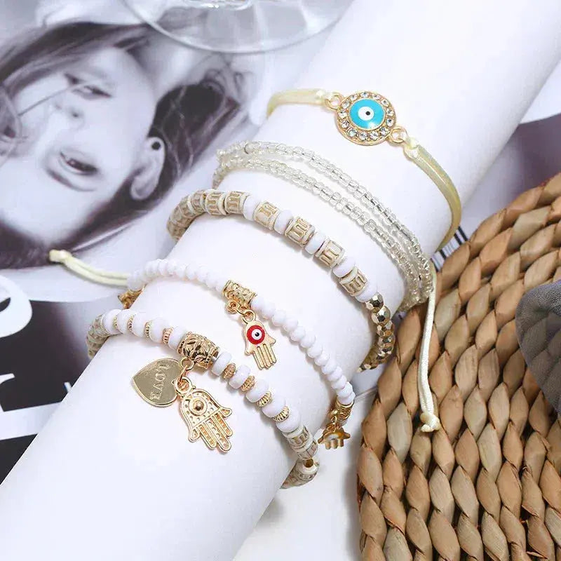 Boho Armband-Set mit Nazar-Auge, Hamsa und Perlen