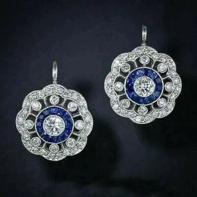 Edle Saphir-Diamant-Ohrhänger im Vintage-Halo-Blumen-Design