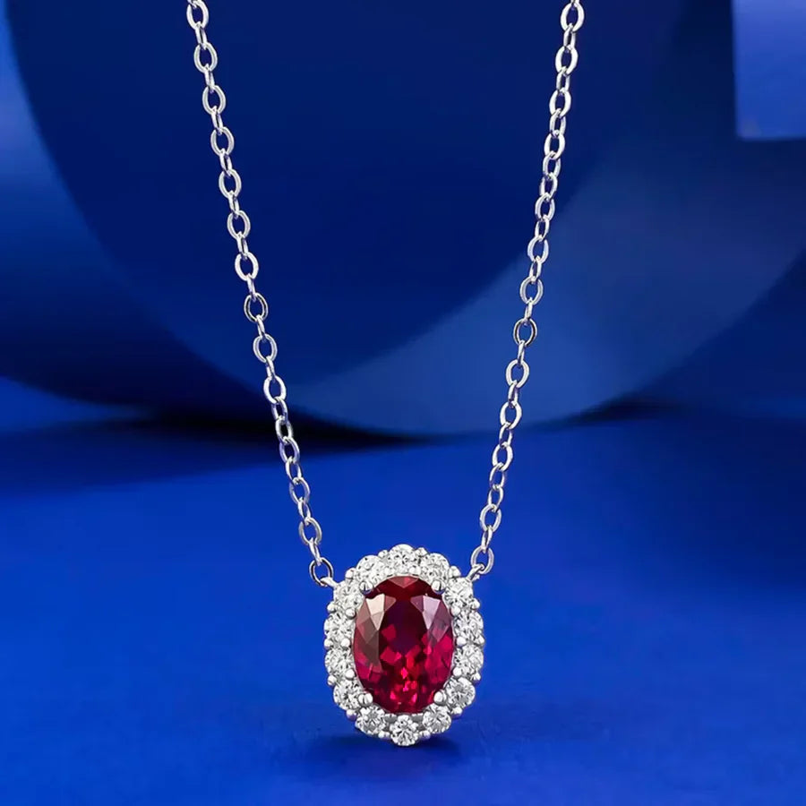 Edle Rubin-Moissanit-Halskette mit funkelndem Diamant-Halo