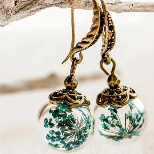 Vintage Glaskugel Ohrringe mit echten getrockneten Blumen