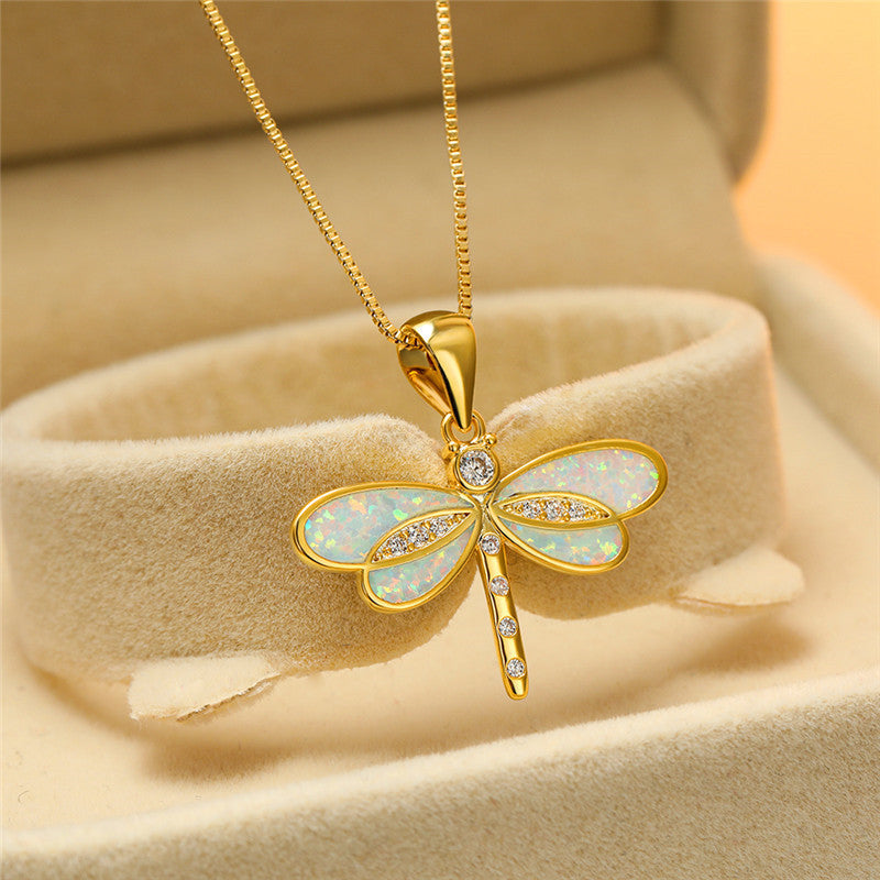 Glänzende Libellenkette mit schimmerndem Opal und Zirkonia