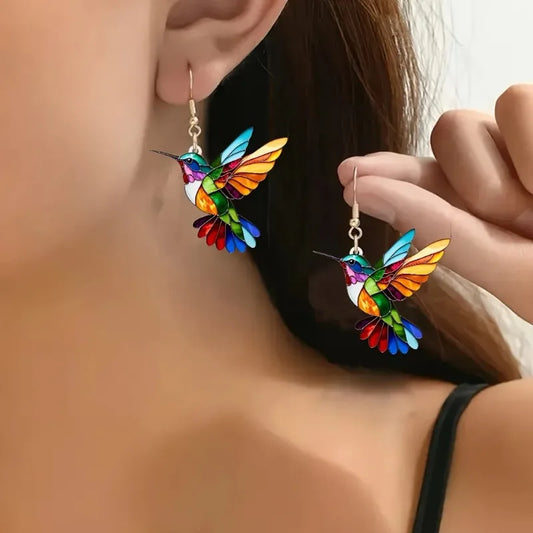 Bunte Kolibri-Ohrringe aus Acryl im Kirchenfenster-Stil