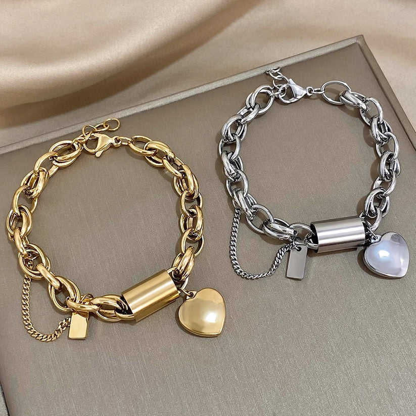 Trendiges Chunky Gliederketten-Armband mit Herz und Zylinder Anhänger
