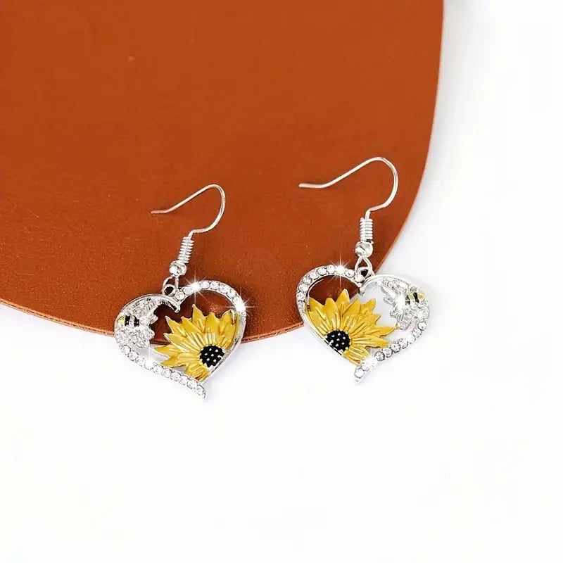 Boho Sonnenblumen Bienen Herz Ohrringe mit funkelnden Zirkonen