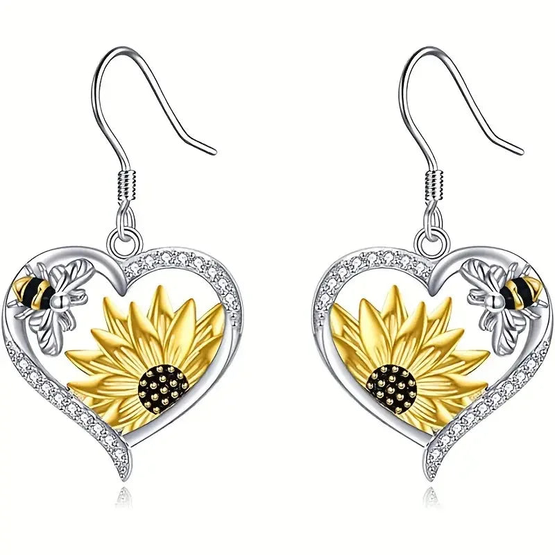 Boho Sonnenblumen Bienen Herz Ohrringe mit funkelnden Zirkonen
