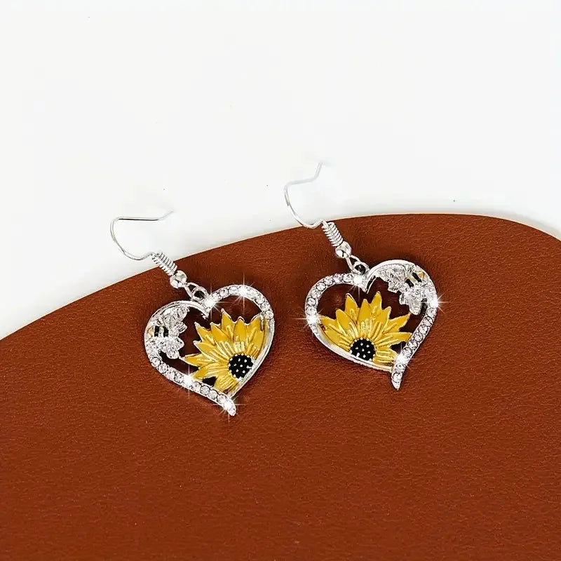 Boho Sonnenblumen Bienen Herz Ohrringe mit funkelnden Zirkonen
