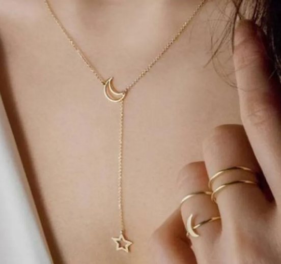 Zarte Y-Kette mit Mond- und Sternen-Anhänger