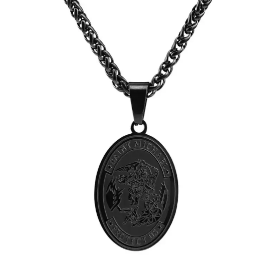 Edelstahl Erzengel Michael Schutzpatron Oval-Anhänger Halsketten-Set