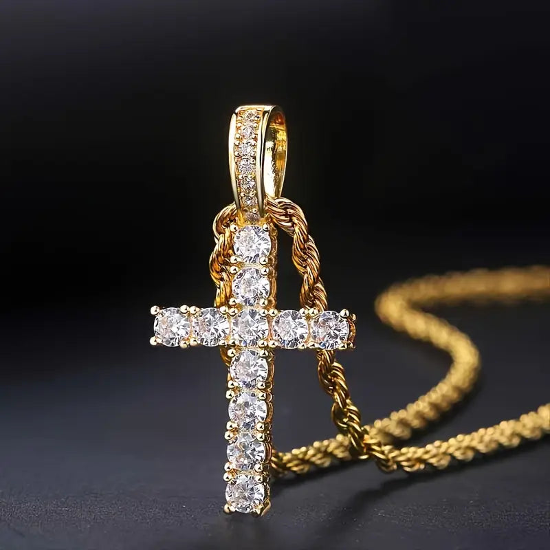 Funkelnde Kreuz-Anhänger Halskette mit Zirkonia und Kordelkette