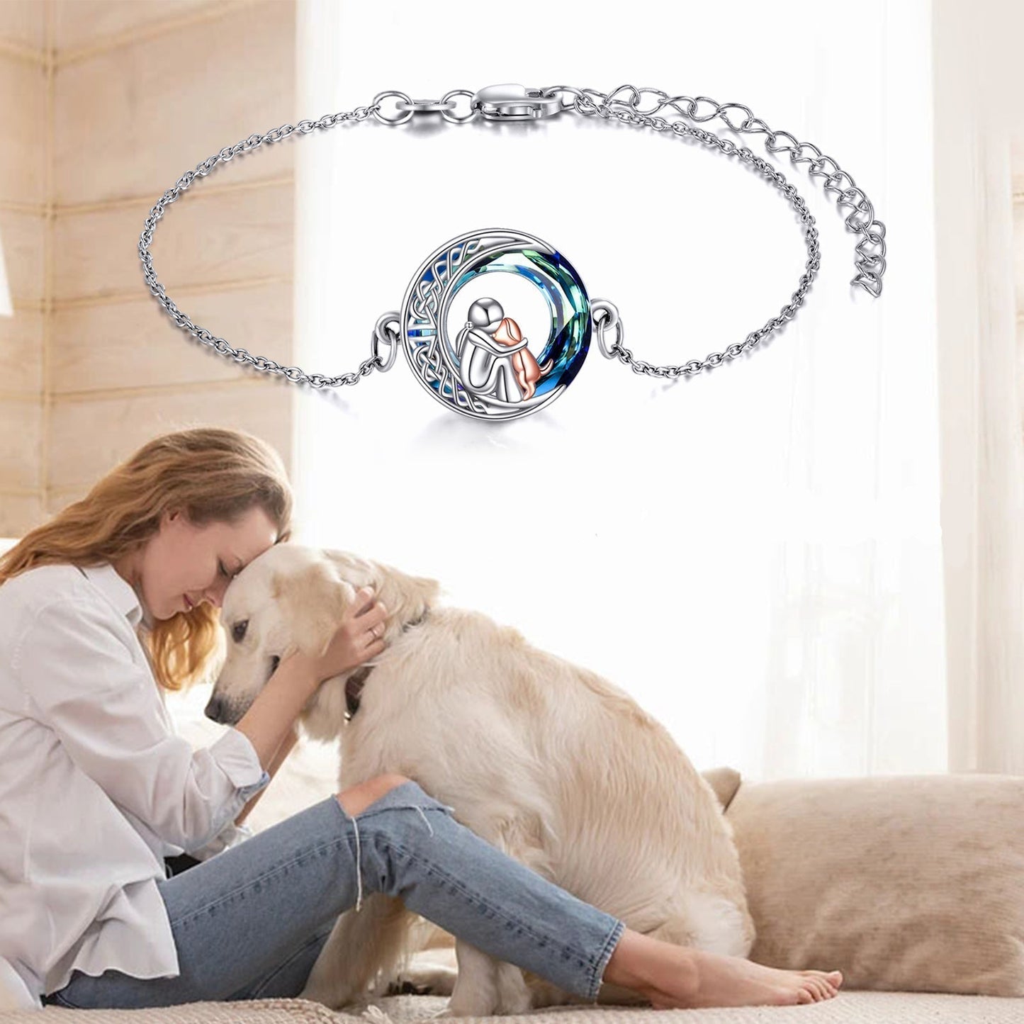 Umarmendes Mensch-Hund-Armband mit funkelndem Mondstein und Keltischem Knoten