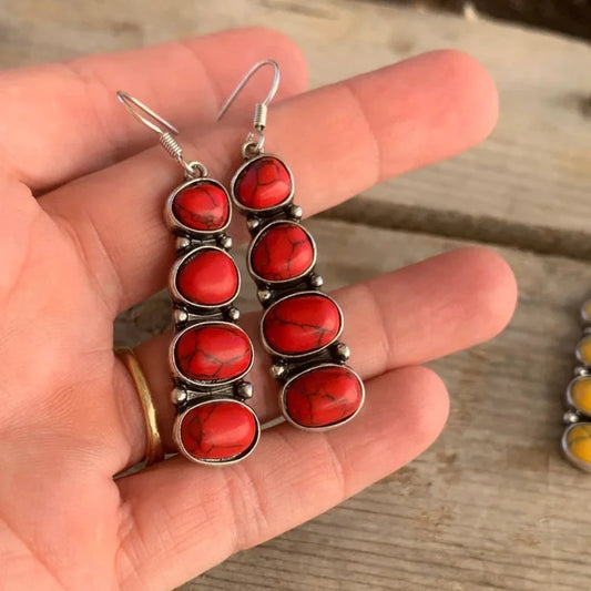 Boho Statement Ohrringe mit natürlichen Edelsteinen in Türkis, Rot und Schwarz