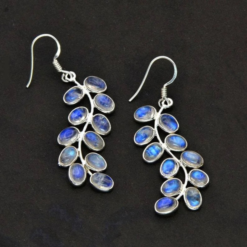 Blaue Mondstein Blätter Hängeohrringe im Vintage-Stil