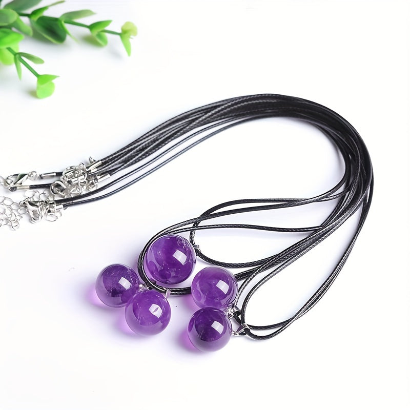 Amethyst Kugel Anhänger Halskette auf schwarzem Lederband Unisex