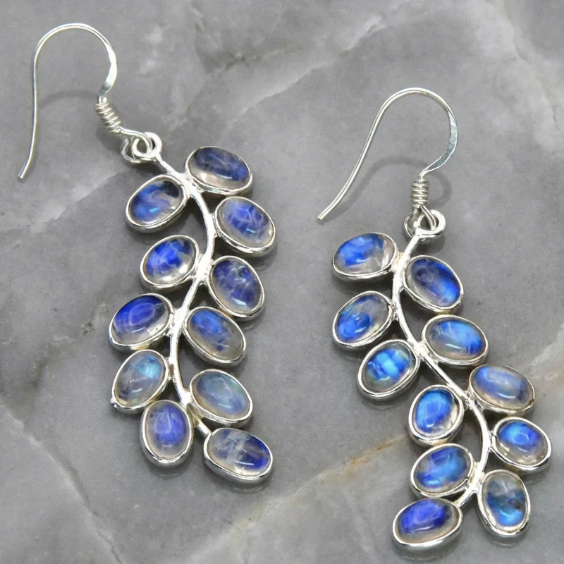 Blaue Mondstein Blätter Hängeohrringe im Vintage-Stil