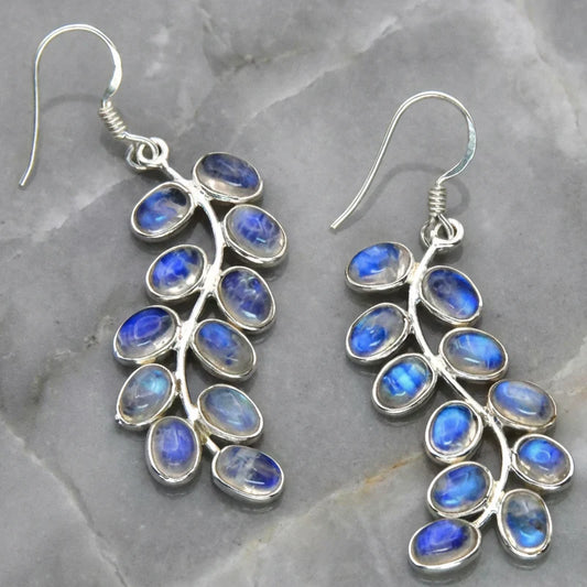 Blaue Mondstein Blätter Hängeohrringe im Vintage-Stil