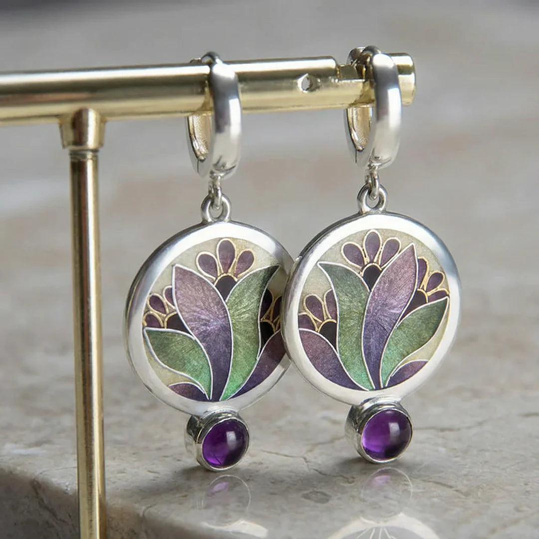 Boho Kristall Lila Emaille Ohrringe mit Amethyst Edelsteinen