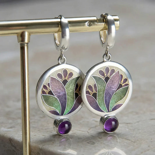 Boho Kristall Lila Emaille Ohrringe mit Amethyst Edelsteinen