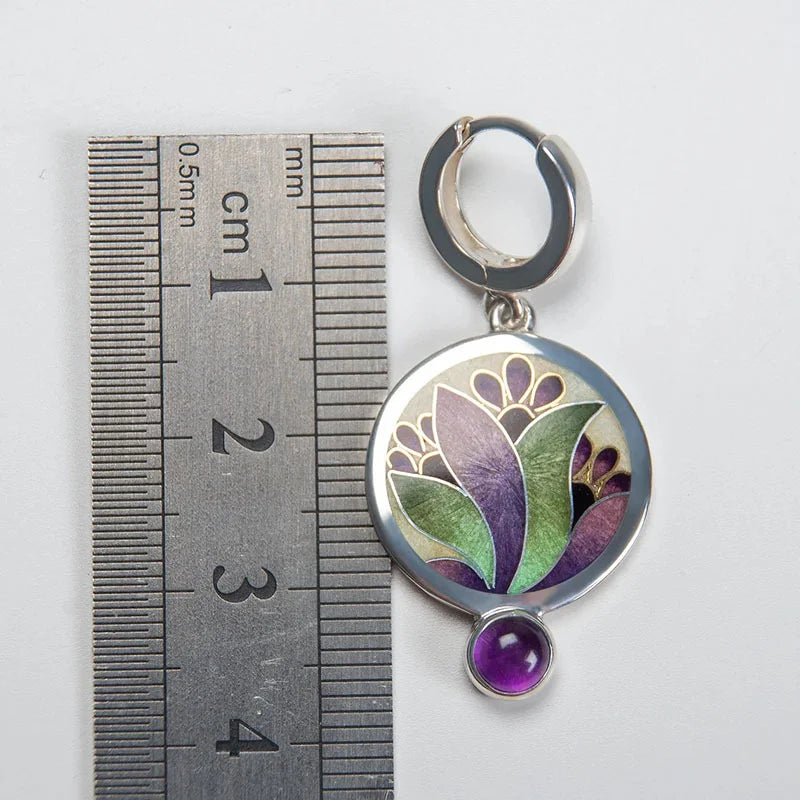 Boho Kristall Lila Emaille Ohrringe mit Amethyst Edelsteinen