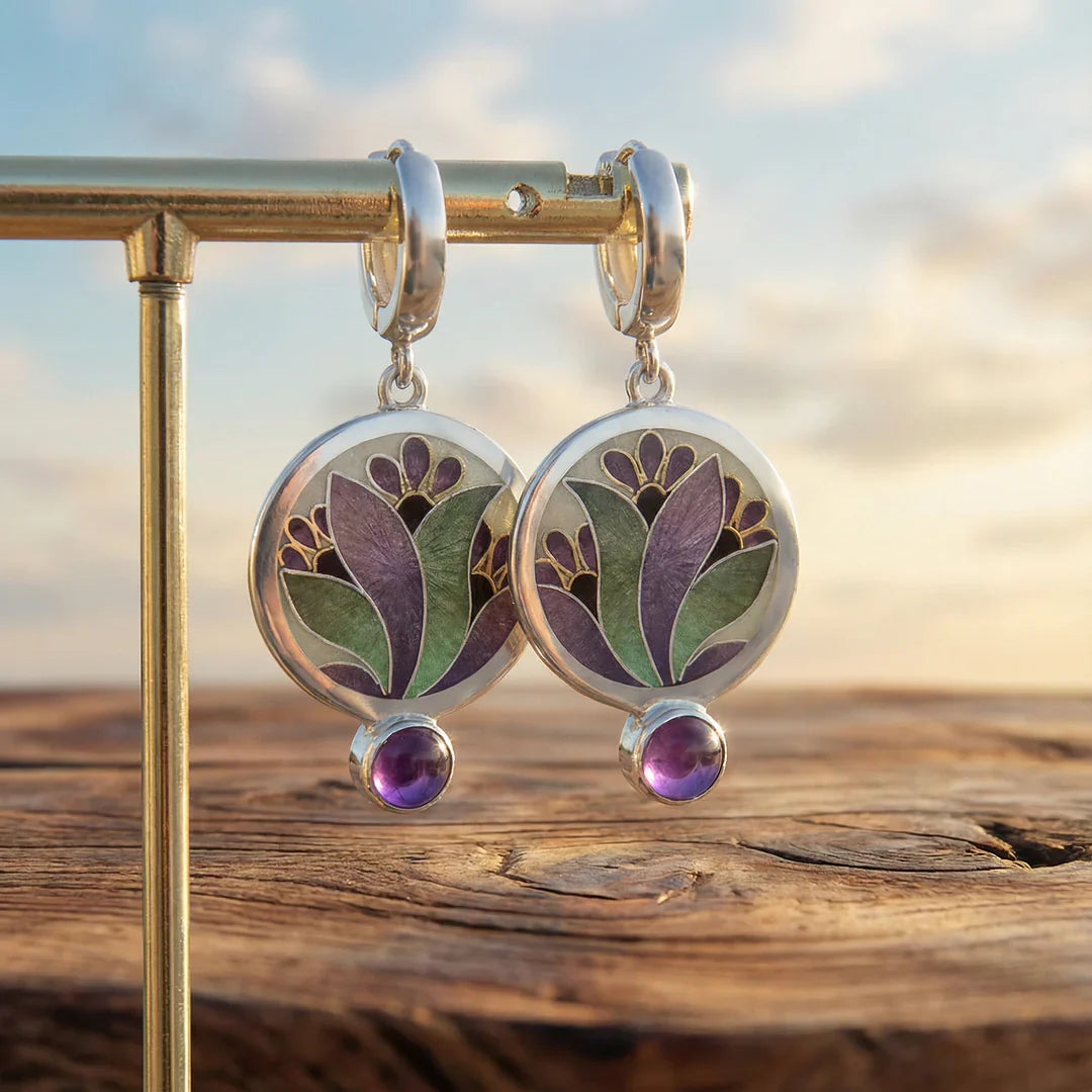 Boho Kristall Lila Emaille Ohrringe mit Amethyst Edelsteinen