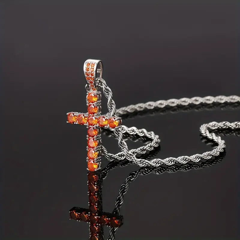 Funkelnde Kreuz-Anhänger Halskette mit Zirkonia und Kordelkette