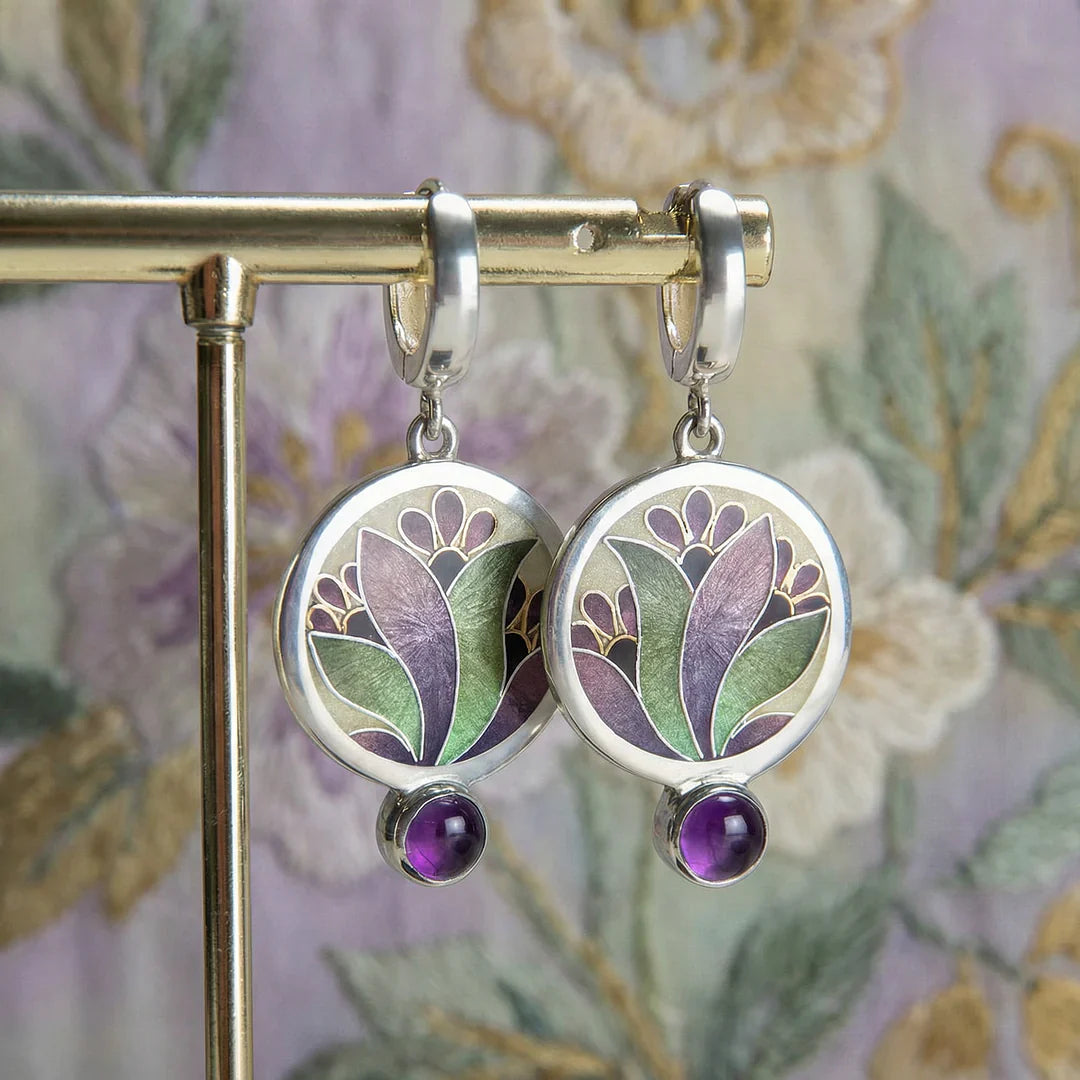 Boho Kristall Lila Emaille Ohrringe mit Amethyst Edelsteinen