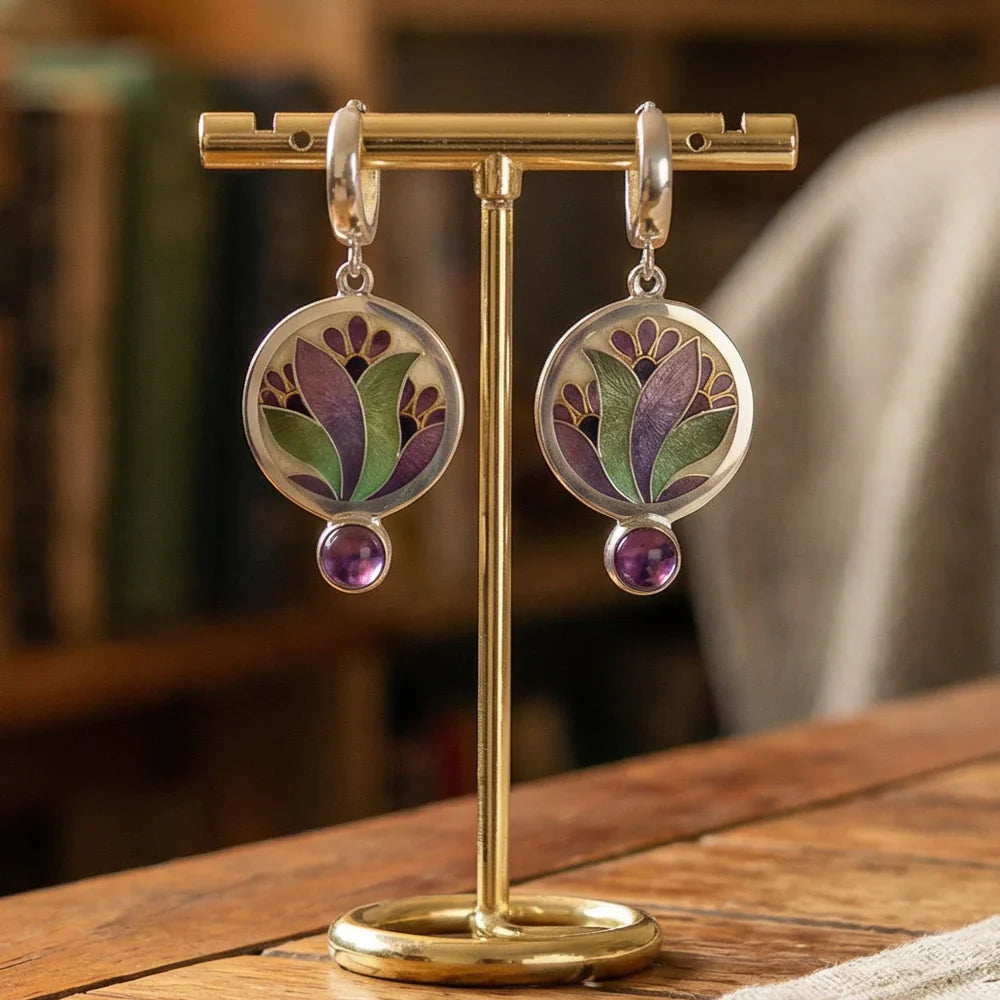Boho Kristall Lila Emaille Ohrringe mit Amethyst Edelsteinen