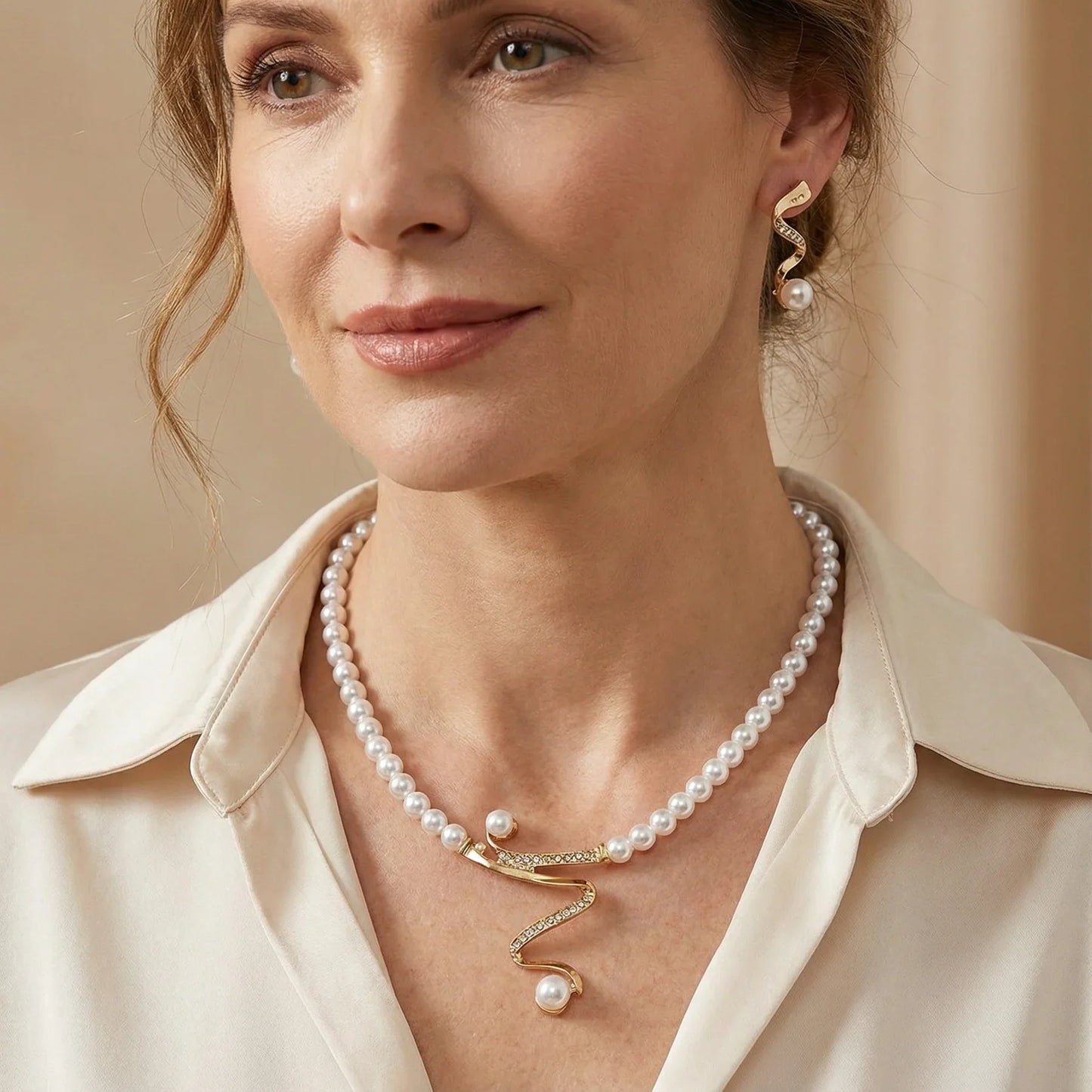 Elegantes Perlen-Schmuckset mit Zirkonia-Verzierungen und geschwungenem Design
