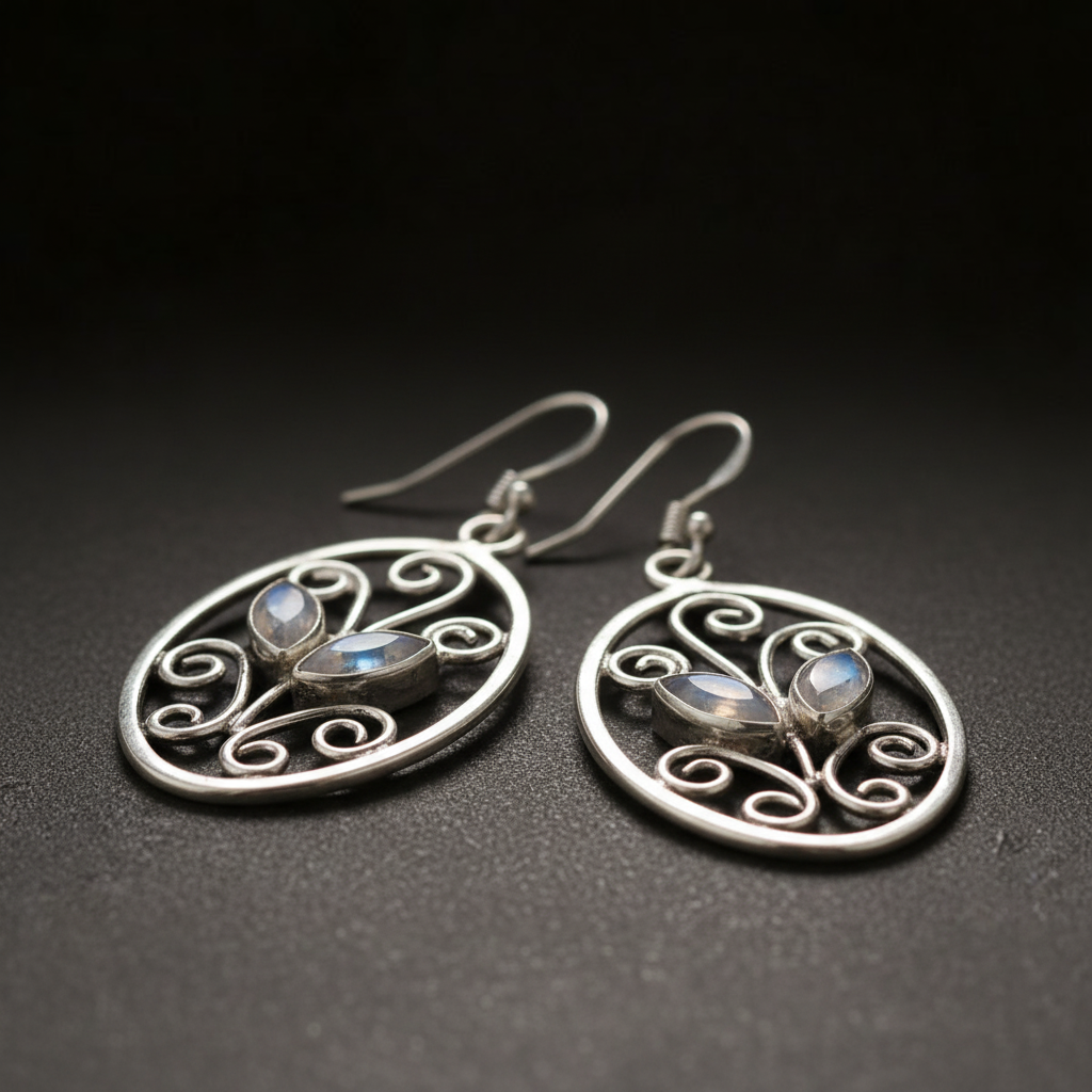 Mondstein-Ohrhänger aus Sterling-Silber mit floralen Ranken