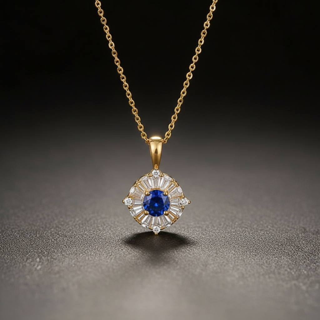 Eleganter Saphir-Anhänger mit Brillanten und zarter Kette