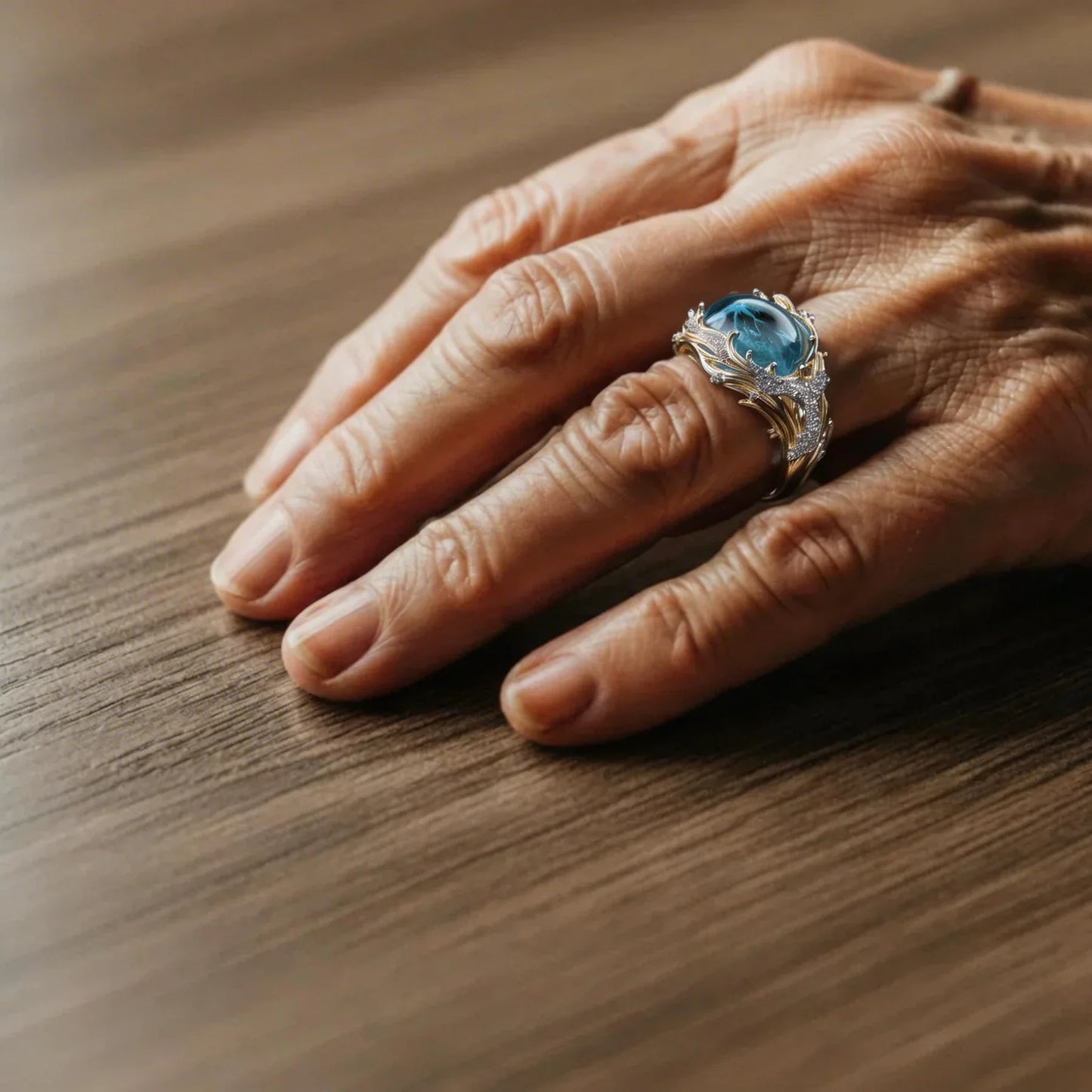 Eleganter Vintage Goldring mit großem blauen Topas und Kristallen