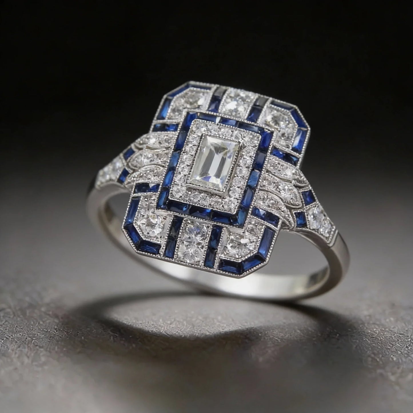Vintage-Silberring mit Diamanten und Saphiren im Art-Deco-Stil