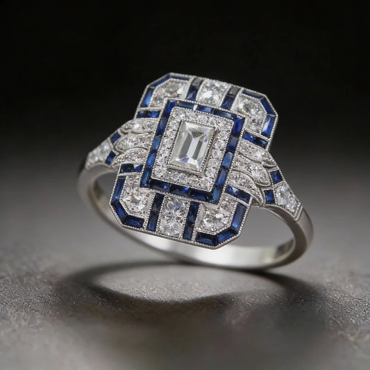 Vintage-Silberring mit Diamanten und Saphiren im Art-Deco-Stil