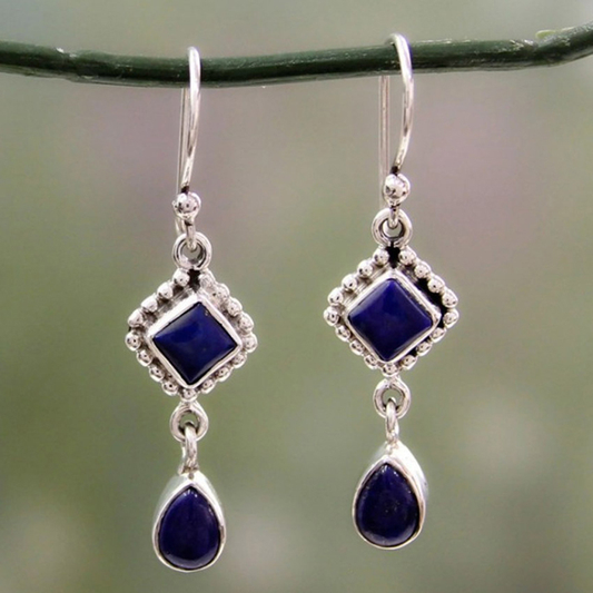 Blauer Lapislazuli Tropfen-Ohrringe mit Edelsteinen im Diamant-Stil