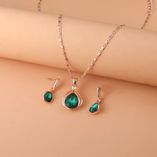 Elegantes Zwiebel-Design Halsketten- und Ohrring-Set mit grünem Kristall