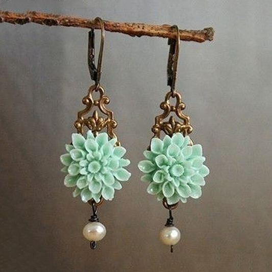 Boho Blumen Türkis Ohrringe mit Perlen Tropfen