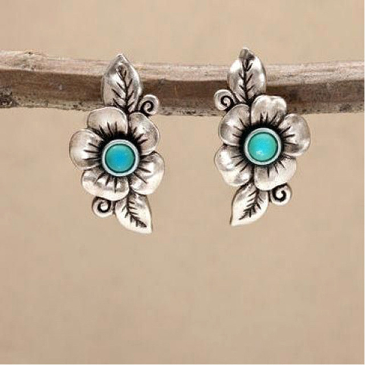Boho Ohrstecker mit Türkisblauem Stein und Blumenmotiv