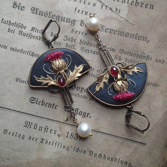 Vintage Distel Emaille Ohrringe mit Perlen und roten Steinen