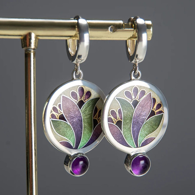 Boho Chic Emaille Ohrringe mit Amethyst Edelsteinen