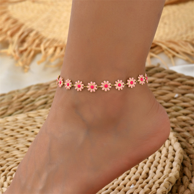 Blumen-Fußkettchen mit Gänseblümchen-Design Rosa Emaille für Damen