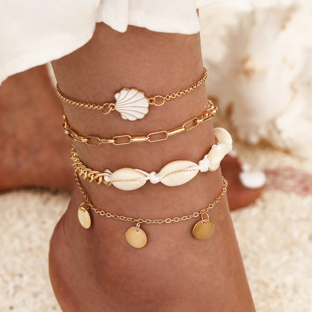 Mehrlagiges Muschel Fußkettchen Set mit Charms für den Sommer