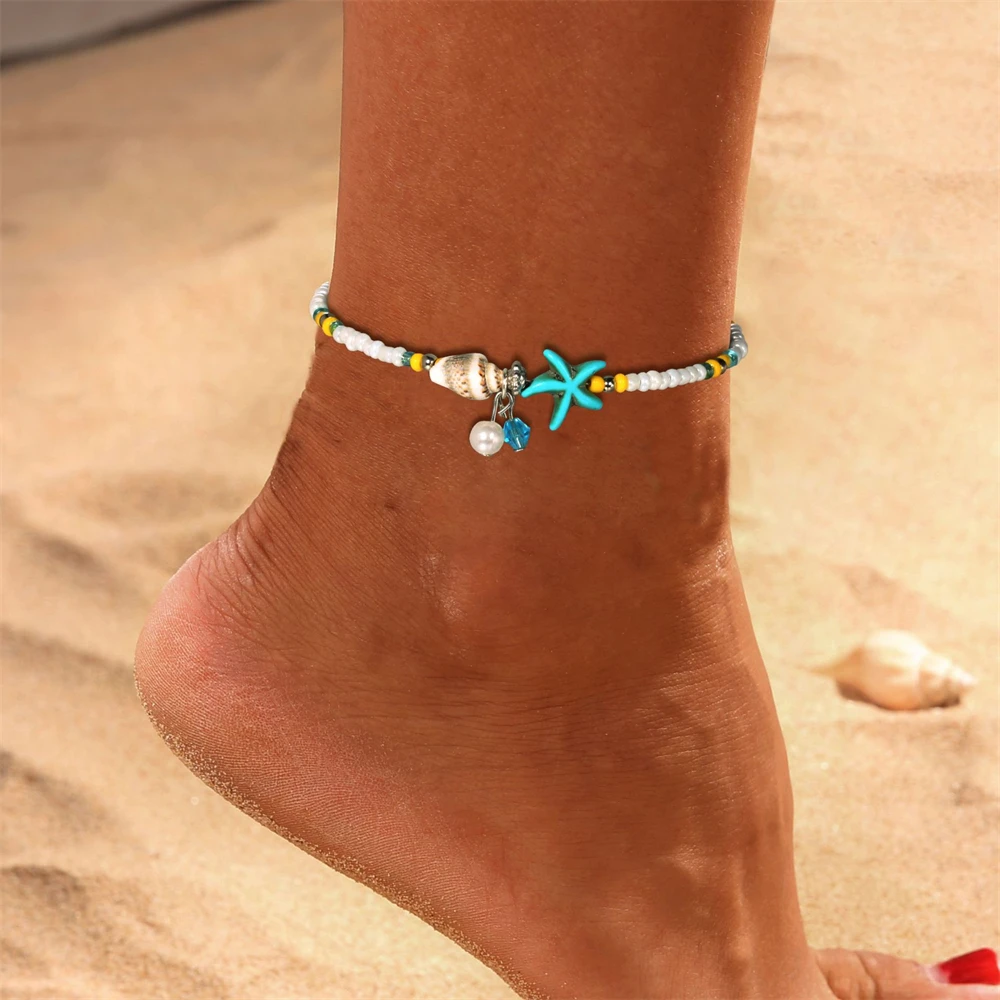 Strand Perlen Fußkette mit Seestern Muschel und Anhängern