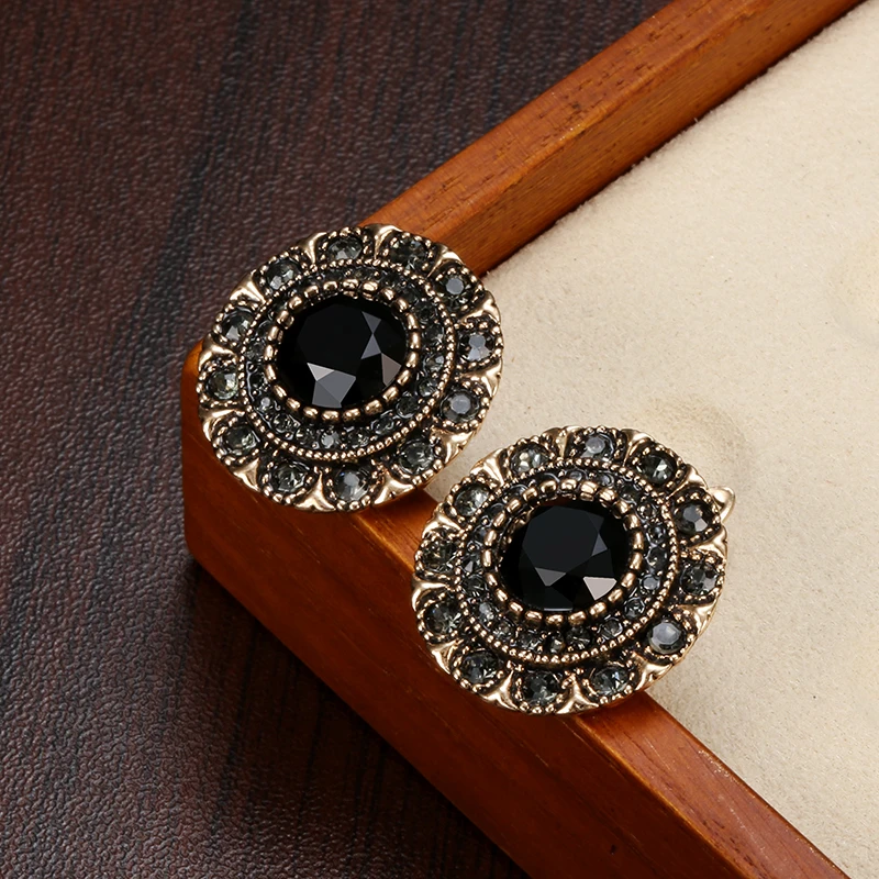 Vintage Statement Ohrringe mit schwarzen Kristallen und antikem Finish