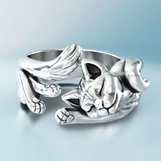 Verstellbarer Edelstahlring – Schlafende Katze