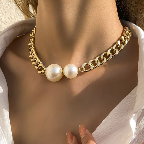 Chunky Gliederkette mit zwei großen Kunstperlen
