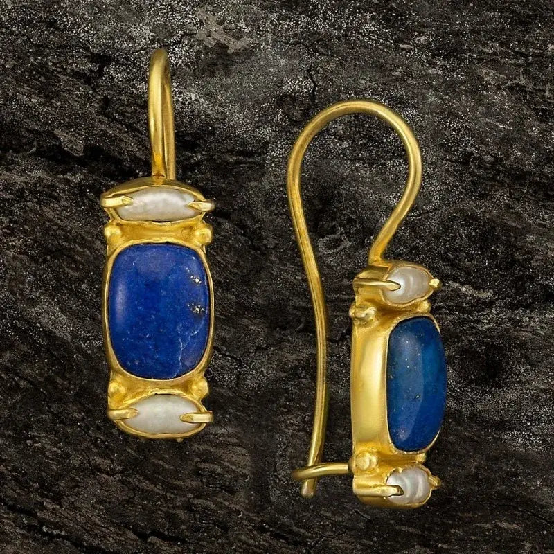 Vintage Ohrringe mit leuchtendem Lapislazuli und Süßwasserperlen