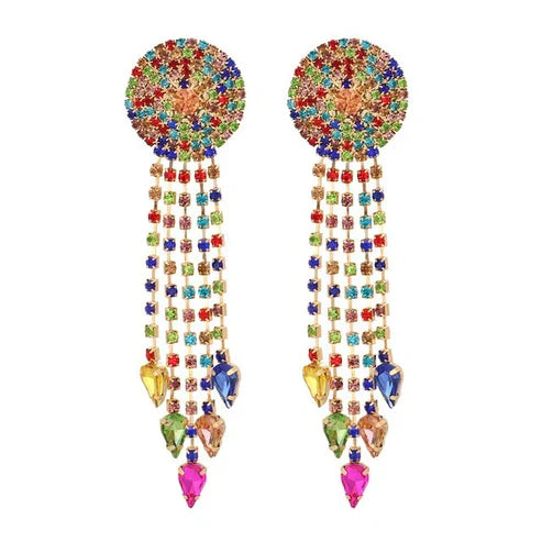 Bunte Mandala-Statement-Ohrringe mit langen Strass-Fransen