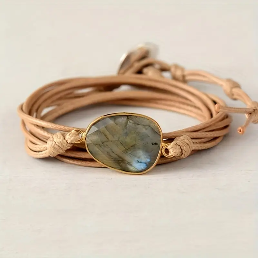 Boho Wickelarmband mit facettiertem Labradorit und Lederoptik Band
