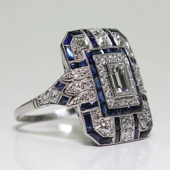 Vintage-Silberring mit Diamanten und Saphiren im Art-Deco-Stil